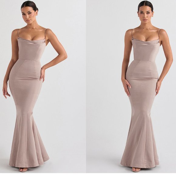 House of CB Dresses & Skirts - HOUSE OF CB 'Violette' Mushroom Satin Fishtail Maxi Gown NWOT